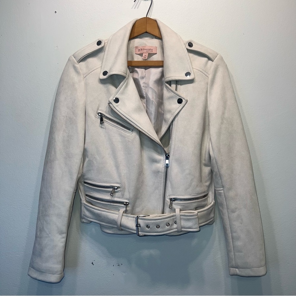 Philosophy Ivory Faux Suede Moto Jacket Belted w/ Pockets & Zippers Size XS